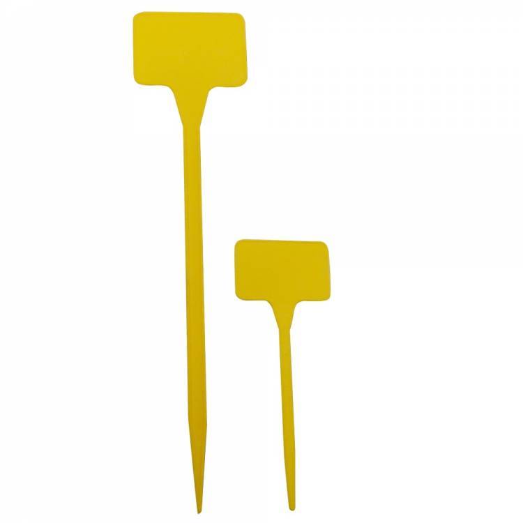 Plaatetiketten recht geel, plaat 3,5 x 5,5 cm, lengte 15 cm (100 stuks per zak)